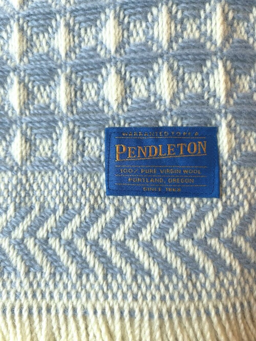 Vintage Pendleton Woven Wool Square Blanket 43"x43" Blue & Cream Chevron Diamond
